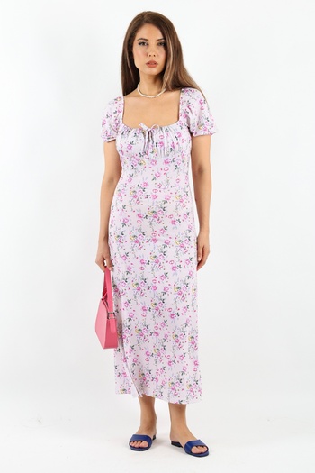 Ritnice Pink Beige Gardenia Flower Patterned Women's Dress