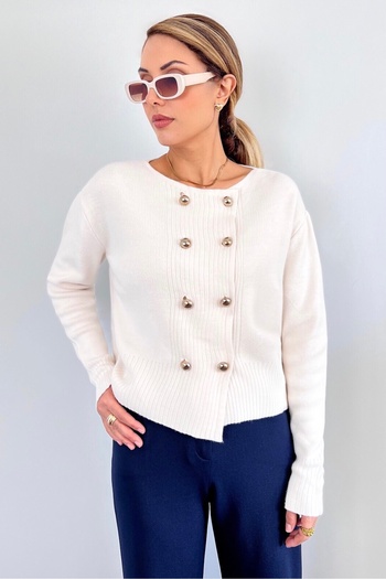 Ritnice Women's Sima Gold Metal Buttoned Ecru Knitwear Cardigan