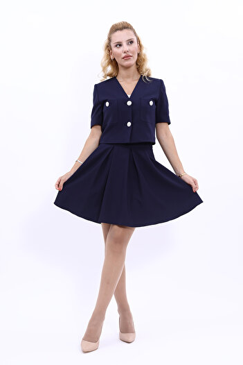 ÖNDER ÖZSOY Short Sleeve Collarless Mini Jacket & Flared Short Skirt Set-navy blue
