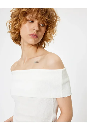 Koton Madonna Collar Off-The-Shoulder Crop Blouse Short Sleeve Wrapped Textured Slim Fit