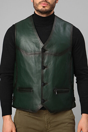 Dericlub Essen Green Men's Genuine Leather Classic Vest - Buttoned