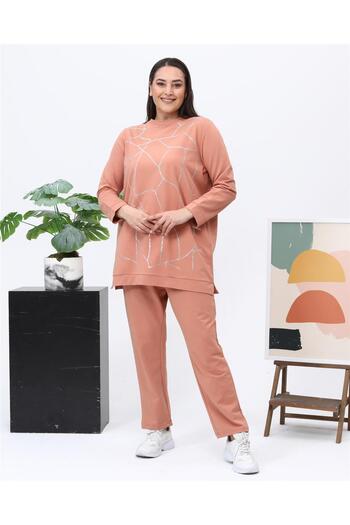 Bwest Payidar Stone Printed Plus Size Διπλή αθλητική φόρμα - 12005.037 - Salmon