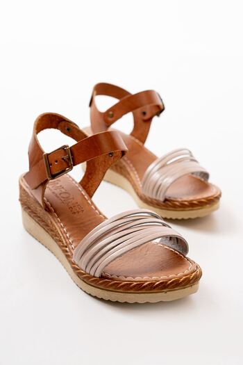 İNFON 731-07 Beige Orthopedic Genuine Leather Wedge Women's Sandals