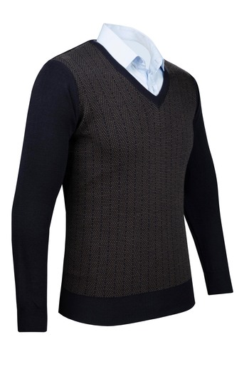 Çizgi Triko Men's V-Neck Striped Knitwear Sweater - Patterned Sleeve and Waist Elastic, Steel Knit Classic - 5007D