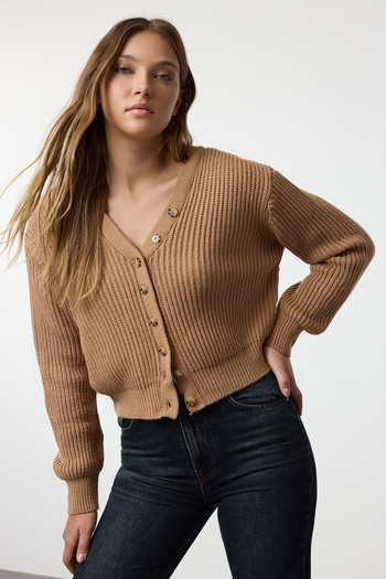 Trendyol Collection Πλεκτή ζακέτα Camel Color V-Neck Crop - TWOAW25HI00073