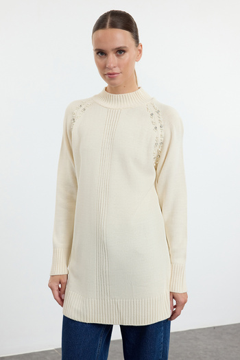 Trendyol Modest Ecru Pearl Detailed Stand Collar Knitwear Sweater Tctaw25Ak00047
