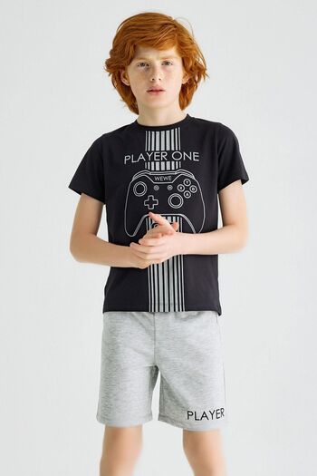 zepkids Boy's Shorts Set - Navy Blue Gray, Pocket Detail, Text Printed