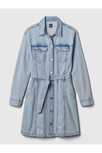 GAP Kadın Açık Mavi Kemer Detaylı Denim Mini Elbise
