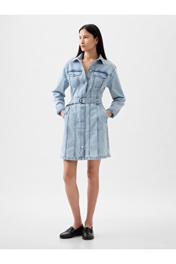 GAP Kadın Açık Mavi Kemer Detaylı Denim Mini Elbise