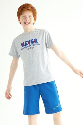 zepkids Crew Neck Short Sleeve Never Stop Smiling Printed Gray Melange Color Boy Capri Suit