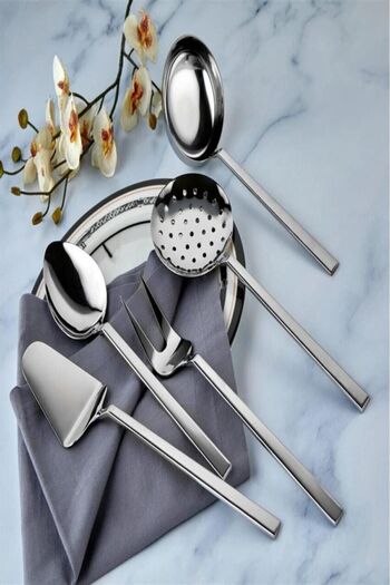 Bayev 5 Piece Steel Plain Serving Set - Kitchen Set with Ladle, Colander, Spatula, Pasta Spoon and Dowry Features