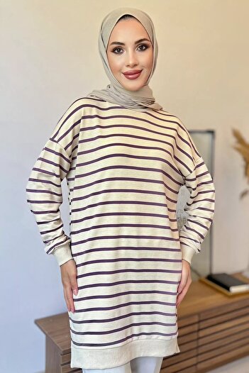 julude Women's Hijab Striped Cream Purple Tunic - Side Slit Detail