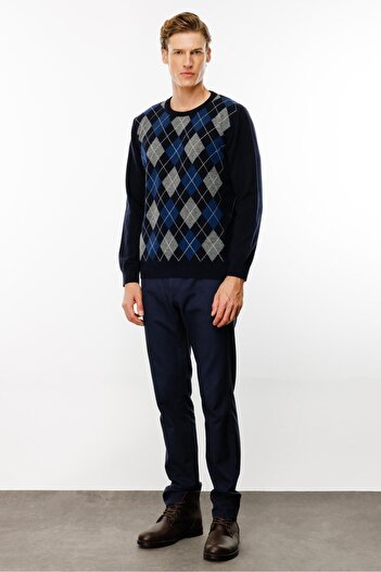 Desen Triko Men's Polo Collar Diamond Patterned Wool Sweater Dark Navy