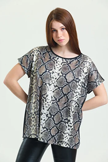 Sense Plus Size Sequined Blouse - Beige, Black Snake Pattern| Blz34612