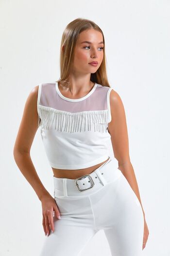 Sense Stone Detailed Evening Dress Blouse| Blz34565 White