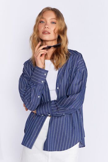EDITION Women's Striped Oversize Navy Blue Shirt - Additional1007430-7430
