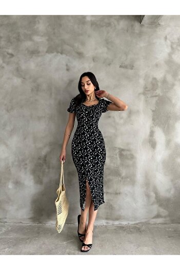 EnterStore Rochie de vară cu imprimeu floral, mâneci tip balon, cu detalii de deschidere