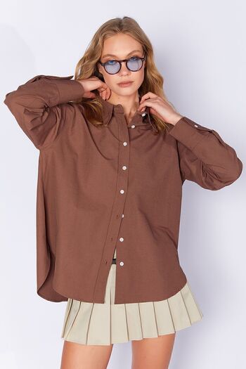 Manche Women's Poplin Shirt - Relaxed Fit, Brown Mks163867-01-3867