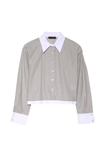 Quzu Gray Shiny Stone Detailed Shirt