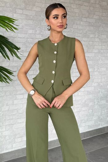 GÜLSELİ Khaki Vest and Trousers Set - Button Detail