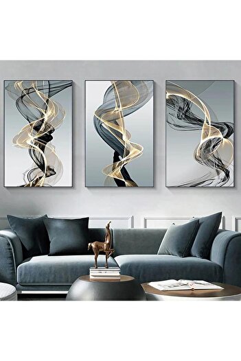 Linacci Triple Black Metal Framed Gray Gold Wave Abstract Poster Glass Painting Set