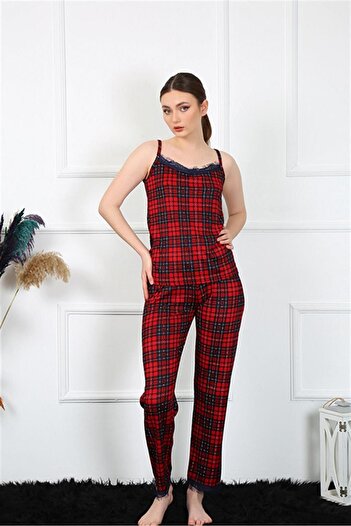 Akbeniz Kadın İp Askılı Kırmızı Ekoseli Pijama Takım 4135