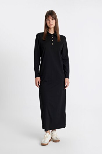 DeFacto Polo Neck Regular Fit Maxi Dress - Long Sleeve Pique D1404Ax24Au
