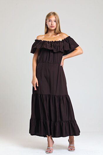 Sense Degaje Collar Elastic Collar Woven Viscose Long Dress| Elb34315 Brown