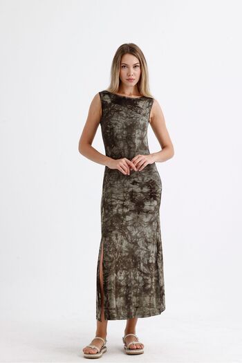 Sense Viscose Sleeveless Lycra Dress - Slit Detail | Elb35734 Khaki Batik