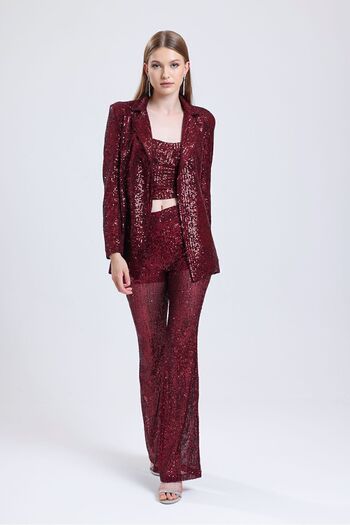 Sense Claret Red Sequined Hidden Zipper Trousers - Lined Pnt32488