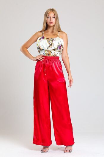 Sense Gipe Detailed Pocketed Wide Leg Satin Trousers| Pnt34217 Red