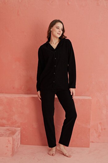 ELİTOL Fleece Pajama Set - Black, Flat Front Buttoned