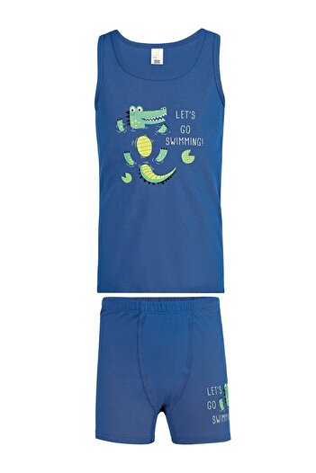 ÖZKAN underwear Özkan 32044 Erkek Çocuk Pamuklu Mavi Kalın Askılı Atlet Şort İç Giyim Takım