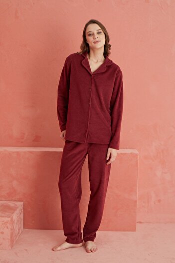 ELİTOL Claret Red Fleece Pajama Set - Front Buttoned