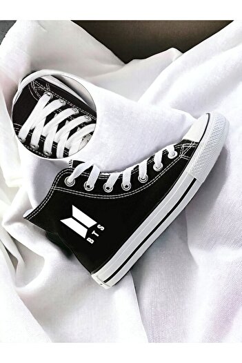 Lideral Unisex Siyah Beyaz Bts Baskılı Convers Model Rahat Keten Bilekli Sneaker Günlük Spor Ayakkabı