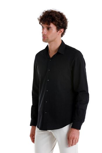 Hatemoğlu Μαύρο Comfort Fit Μασίφ 100% βαμβακερό μακρυμάνικο αθλητικό πουκάμισο με λεπτή λαιμόκοψη