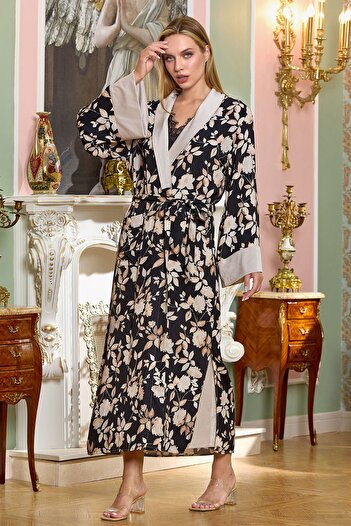 Cossy By Aqua Patterned Shawl Collar Long Dressing Gown Cossybyaqua 25196-3(44-46)