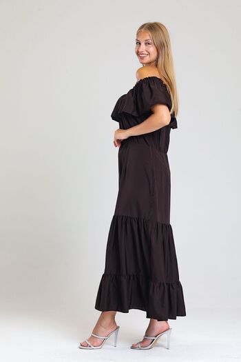 Sense Degaje Collar Elastic Collar Woven Viscose Long Dress| Elb34315 Brown