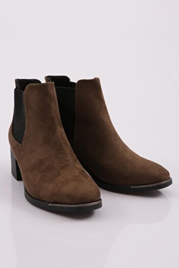 DGN Women's Blunt Toe Side Elastic Heeled Ankle Boots Khaki Suede 1642525