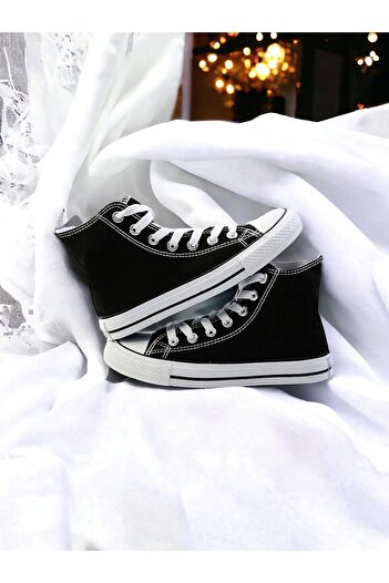 Lideral Unisex Siyah Beyaz Convers Model Rahat Keten Bilekli Sneaker Günlük Spor Ayakkabı