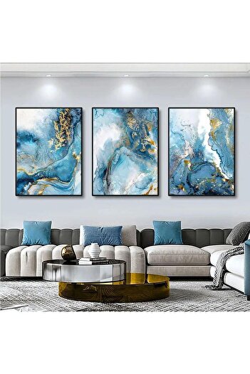 Linacci Triple Black Metal Framed Blue Marble Pattern Poster Glass Table Set