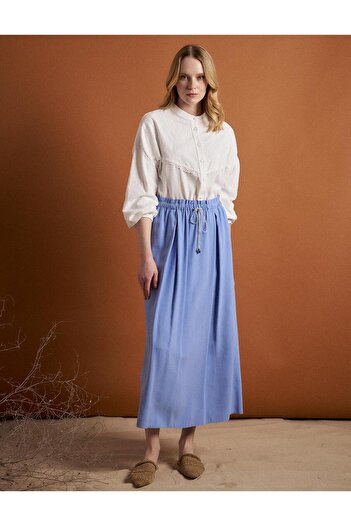 Kayra Blue Glittery Lace Up Gathered Skirt Aviator