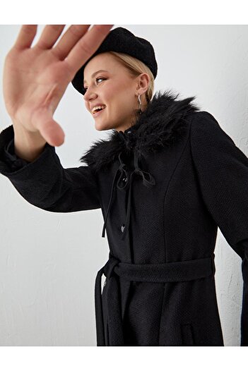 Kayra Full Length Stitched Coat with Fur Collar Black