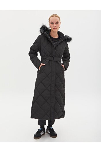 Kayra Black Faux Fur - Diamond Patterned Goose Feather Coat