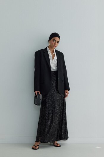 Suud Collection Black Sheer Sequined Maxi Skirt