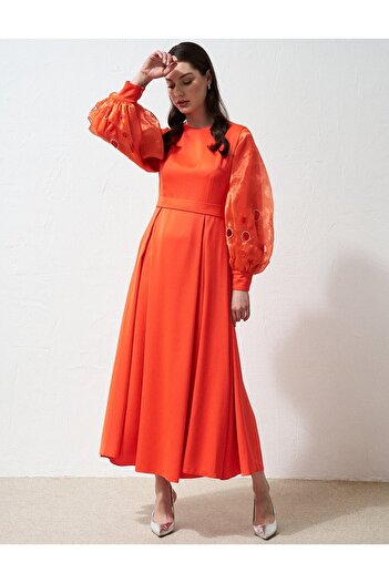 Kayra Coral Embroidered Satin Dress