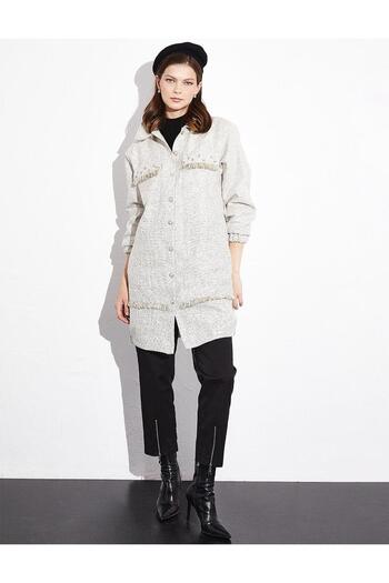 Kayra Cream Colored Tweed Jacket - Fringed and Stone Detailed