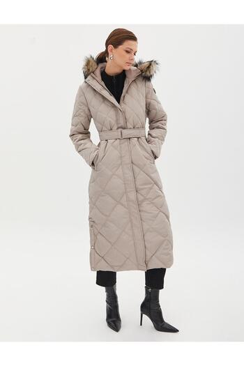 Kayra Stone Colored Diamond Patterned Faux Fur Goose down Coat