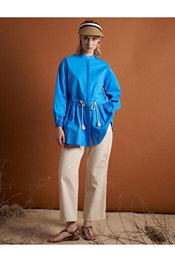 Kayra Tasseled Judge Collar Cotton Tunic Sky Blue