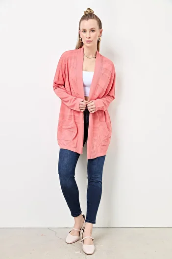 Two Mail Stacked Openwork Cardigan Coral